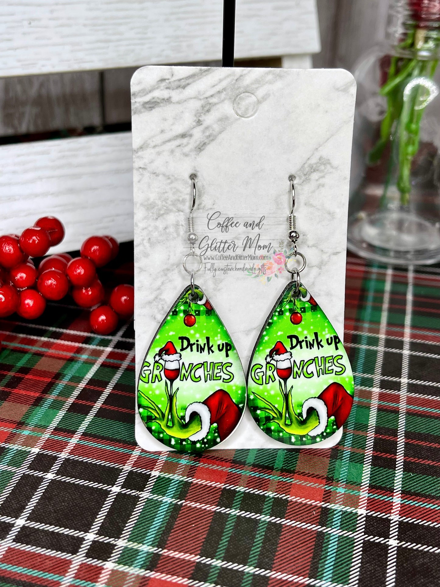 Drink Up Grinches Christmas Earrings