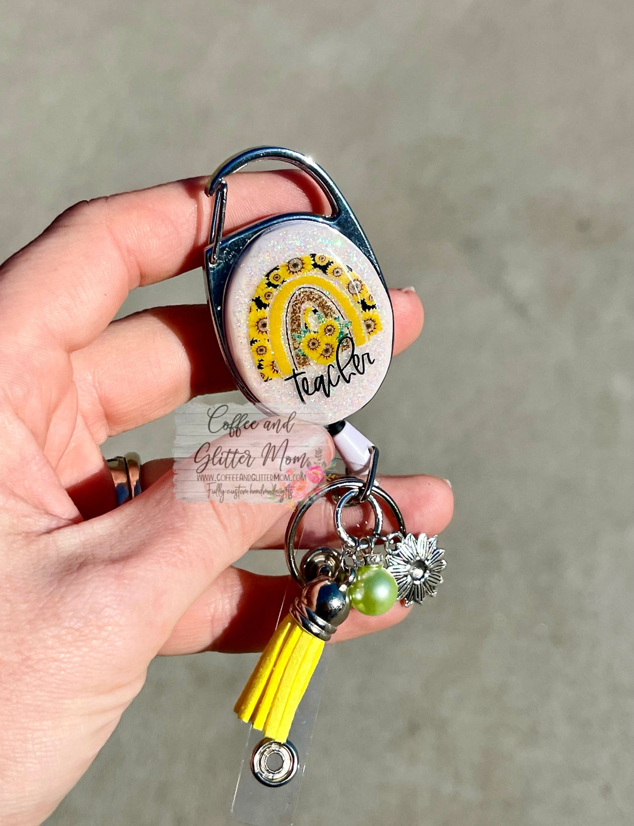 Sunflower Teacher Rainbow Clip On Retractable Key Ring