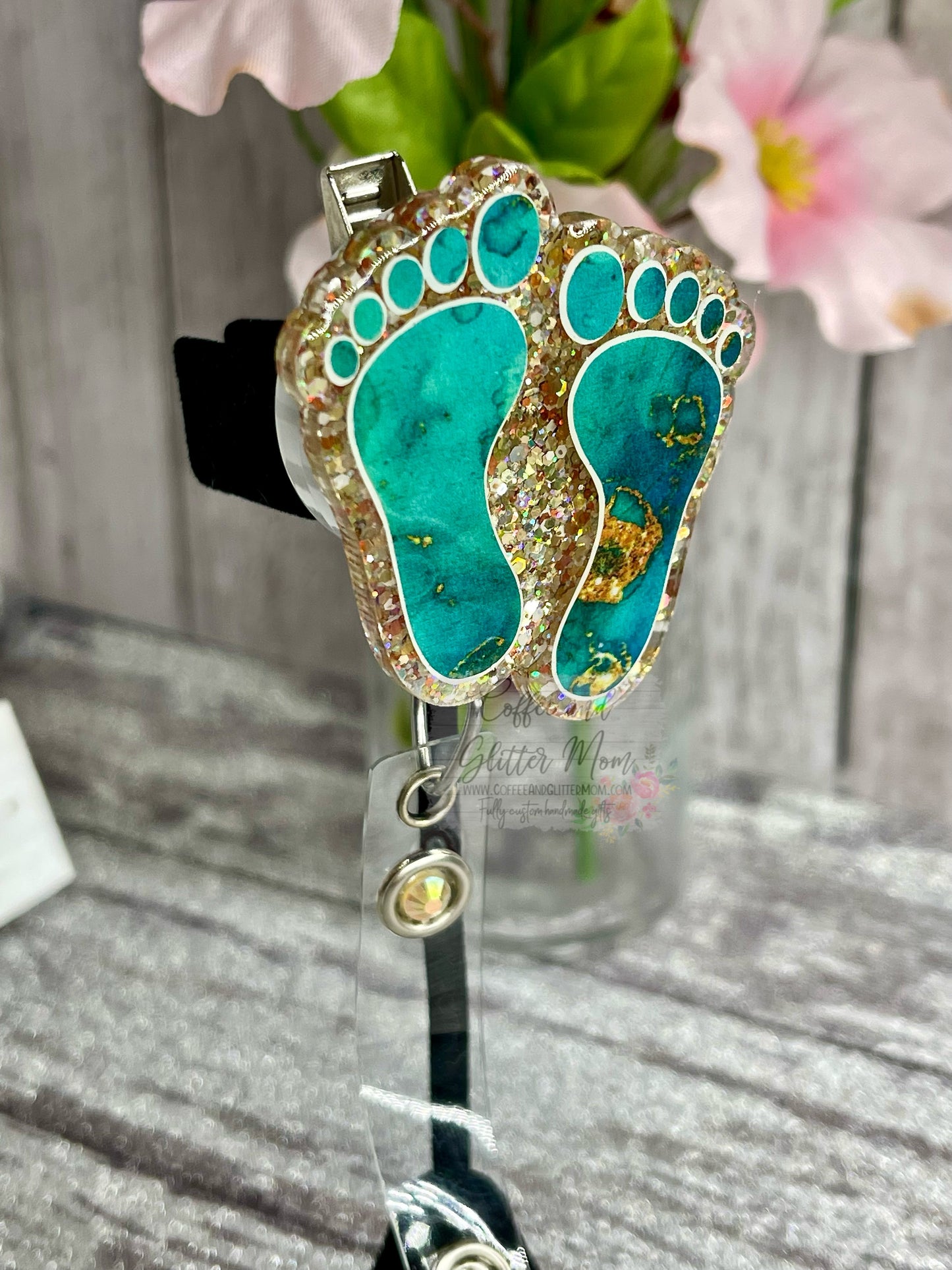 Emerald and Gold Marble Feet Badge Reel