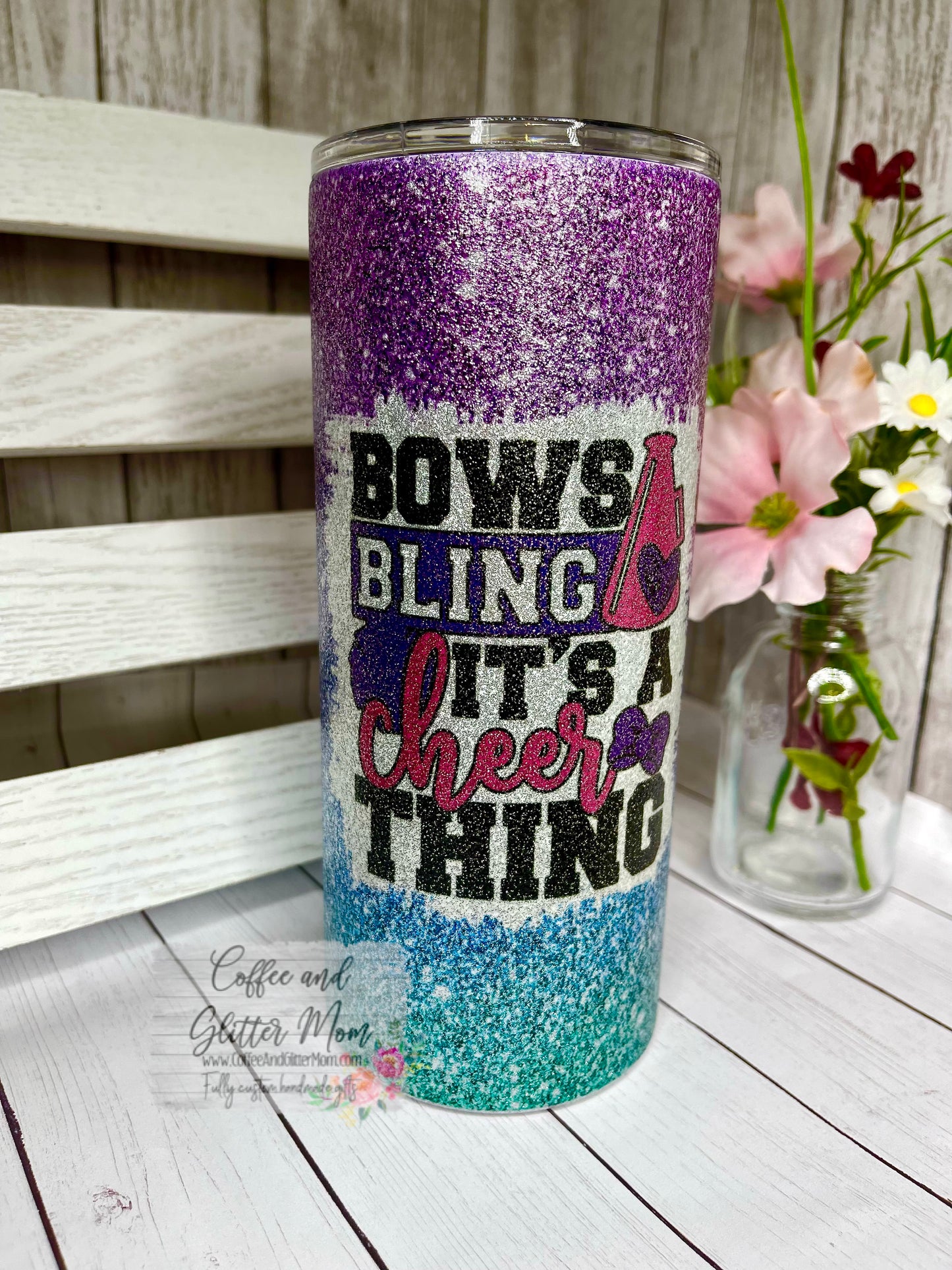 Bows And Bling Cheer Thing 15oz Silver Glitter Skinny Tumbler