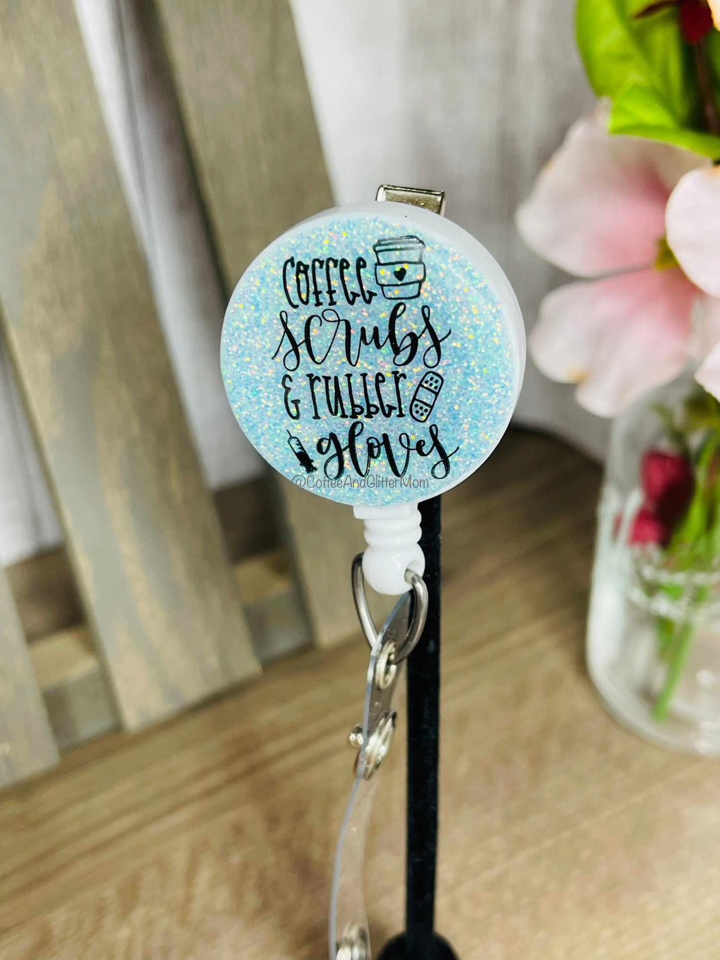 Teal Coffee Scrubs & Rubber Gloves Badge Reel