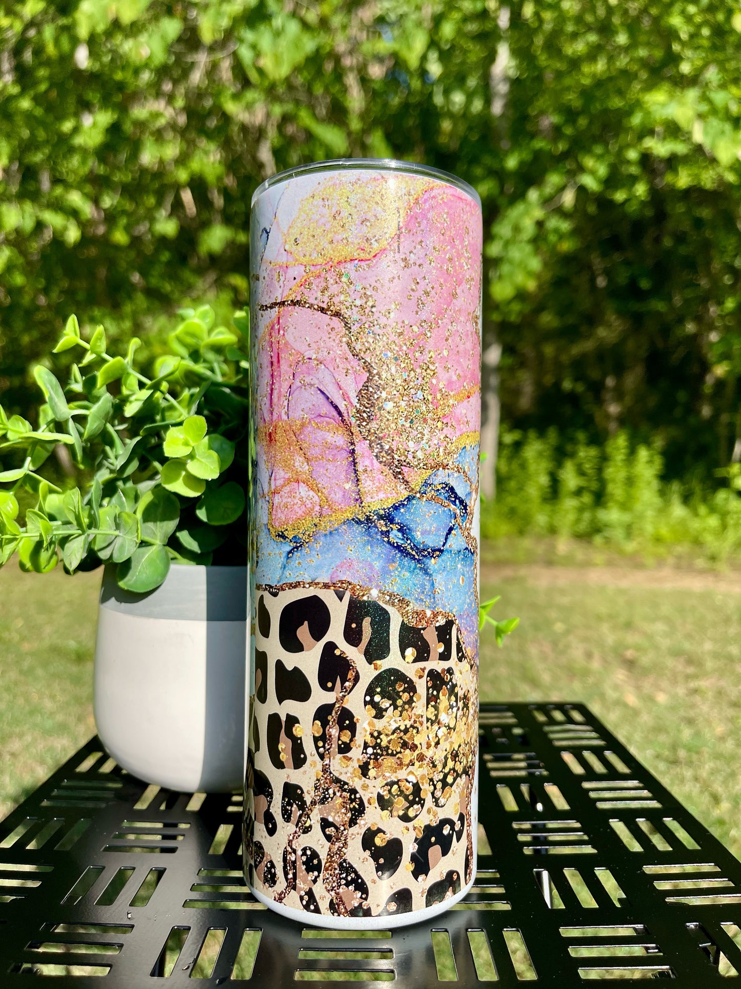 Animal Print Pink Geode Customizable 20oz White Rainbow Skinny Tumbler