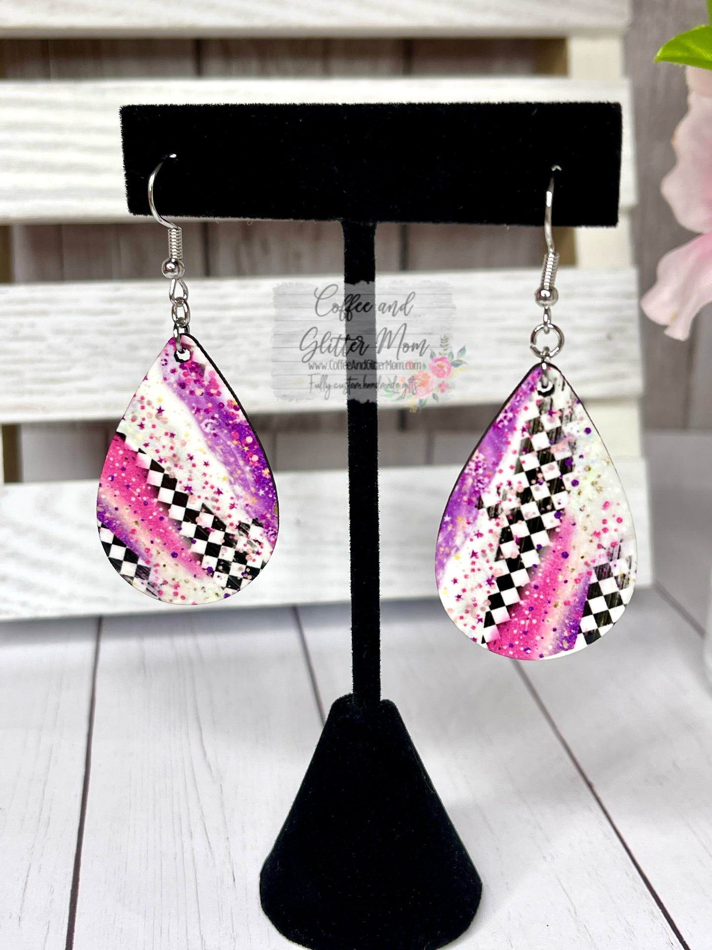 Pink Checkered Teardrop Earrings