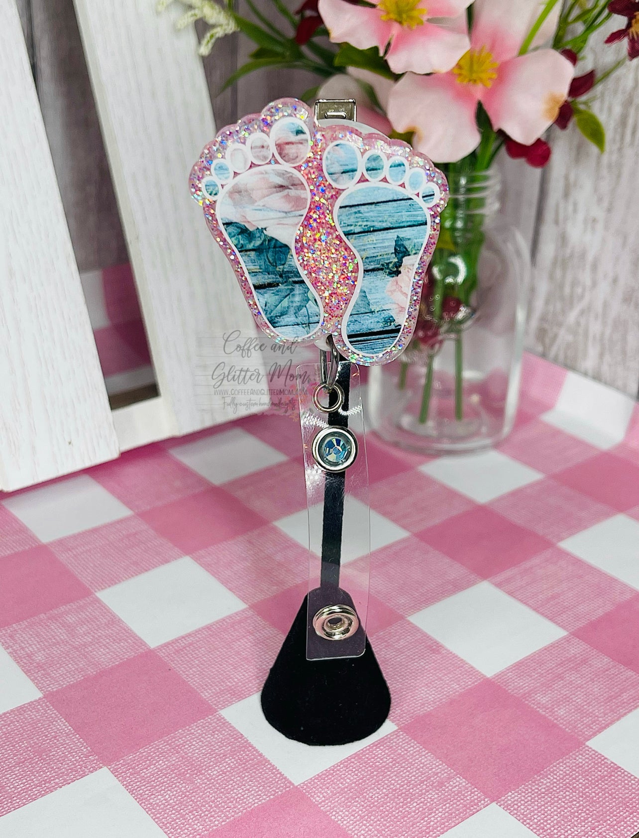 Pink Rose Vintage Feet Designer Badge Reel