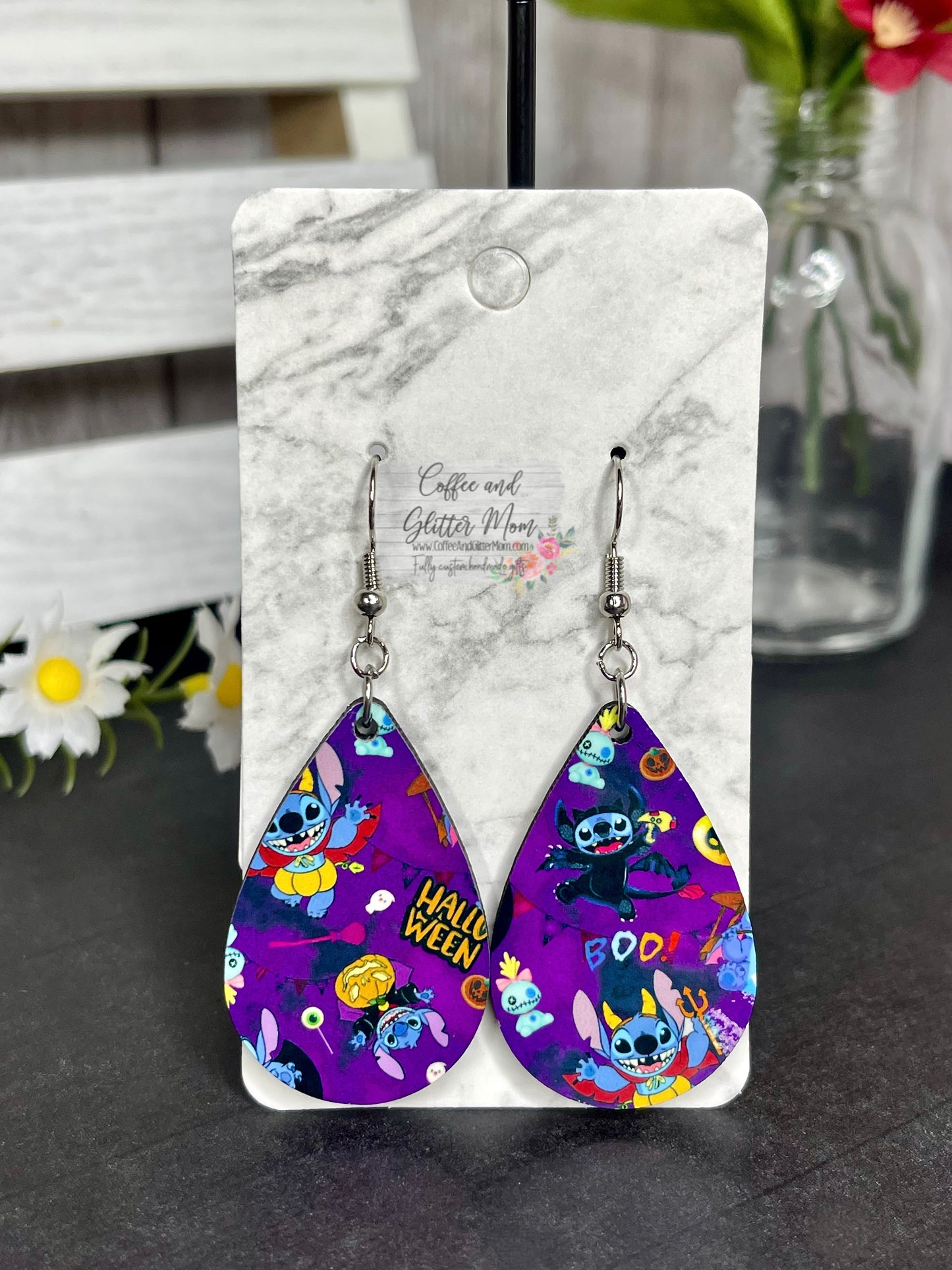 Purple Stitch Halloween Teardrop Earrings