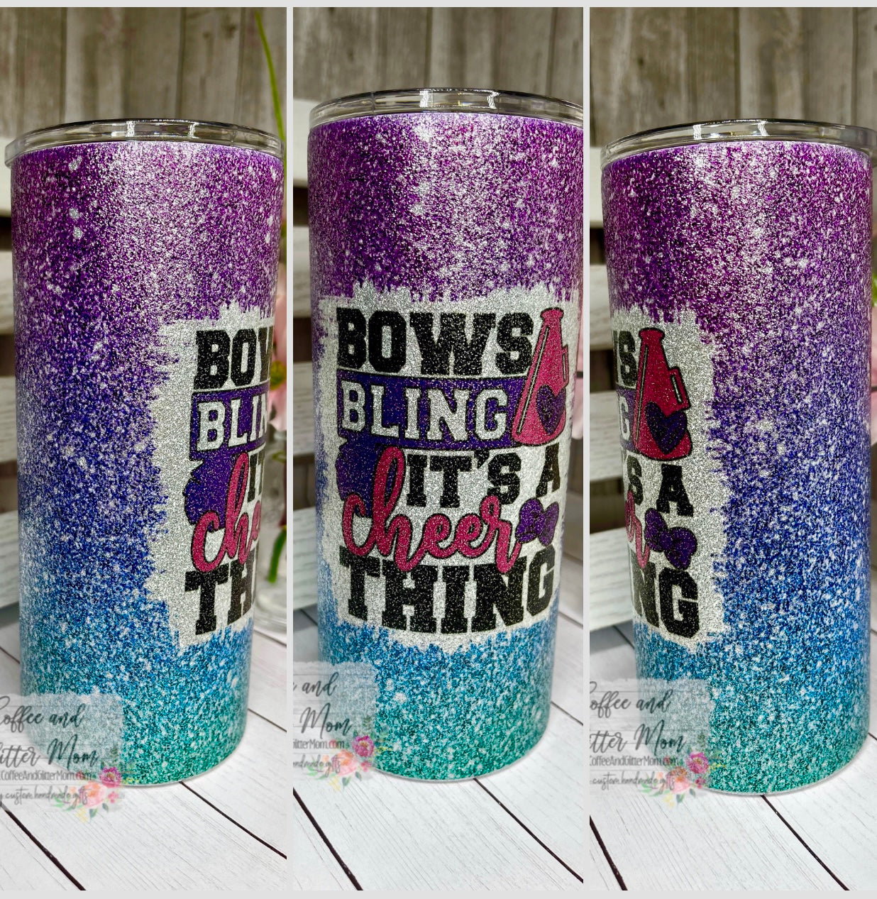 Bows And Bling Cheer Thing 15oz Silver Glitter Skinny Tumbler