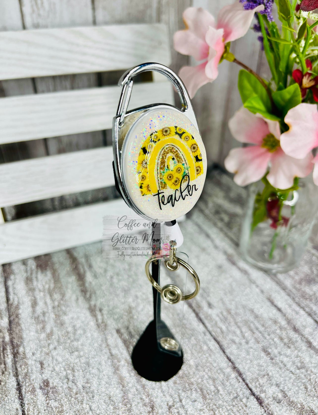 Sunflower Teacher Rainbow Clip On Retractable Key Ring