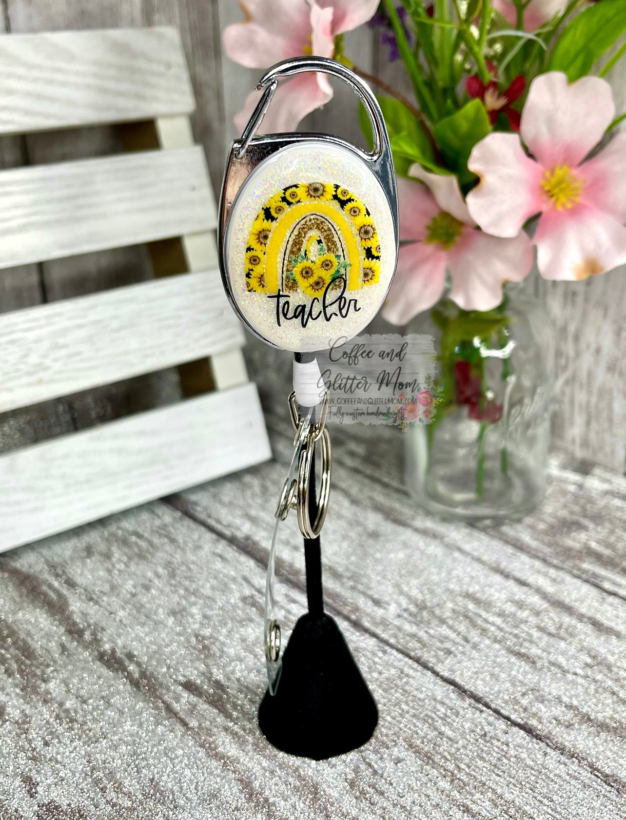 Sunflower Teacher Rainbow Clip On Retractable Key Ring