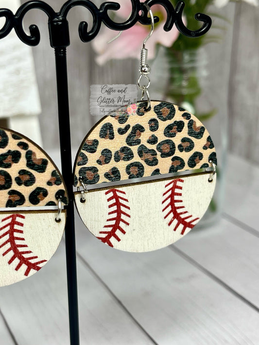 Wooden Leopard Baseball Earrings