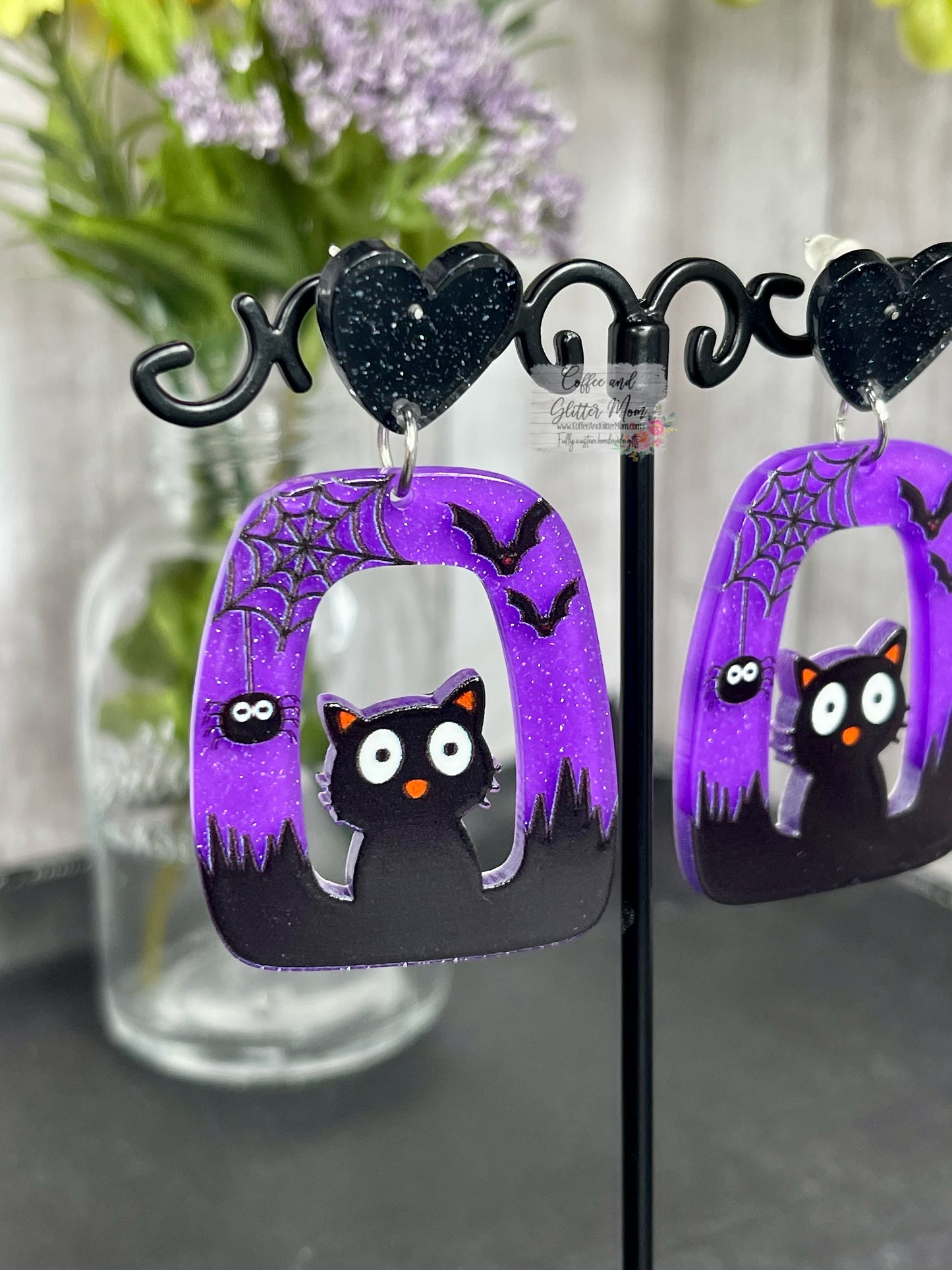 Black Cat Purple Halloween Earrings