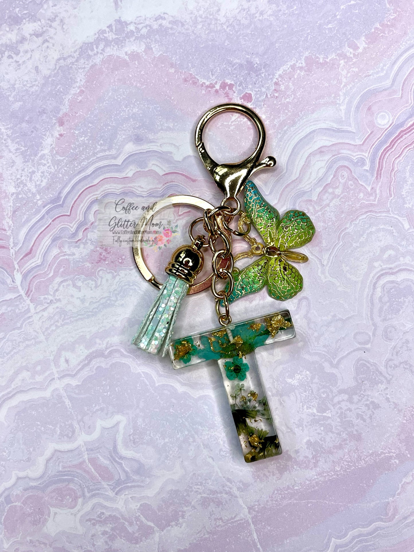 Sparkling "L" Green Butterfly Keychain