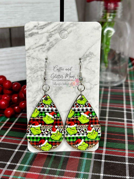 Plaid Stripe Grinch Christmas Earrings