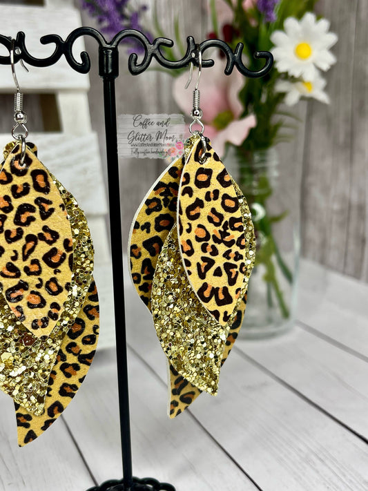 Gold Glitter Leopard Leather Earrings