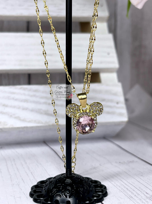 Pink Mouse Gem Golden Necklace