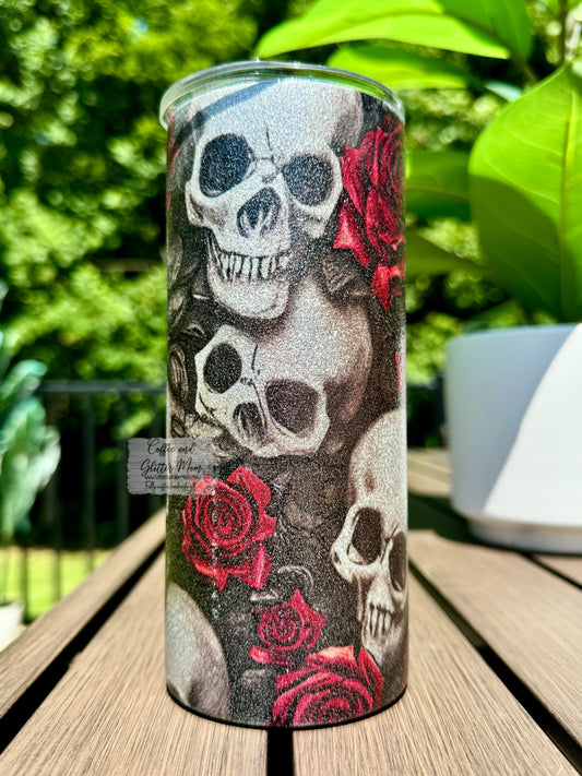 Skull and Rose 15oz Glitter Skinny Tumbler