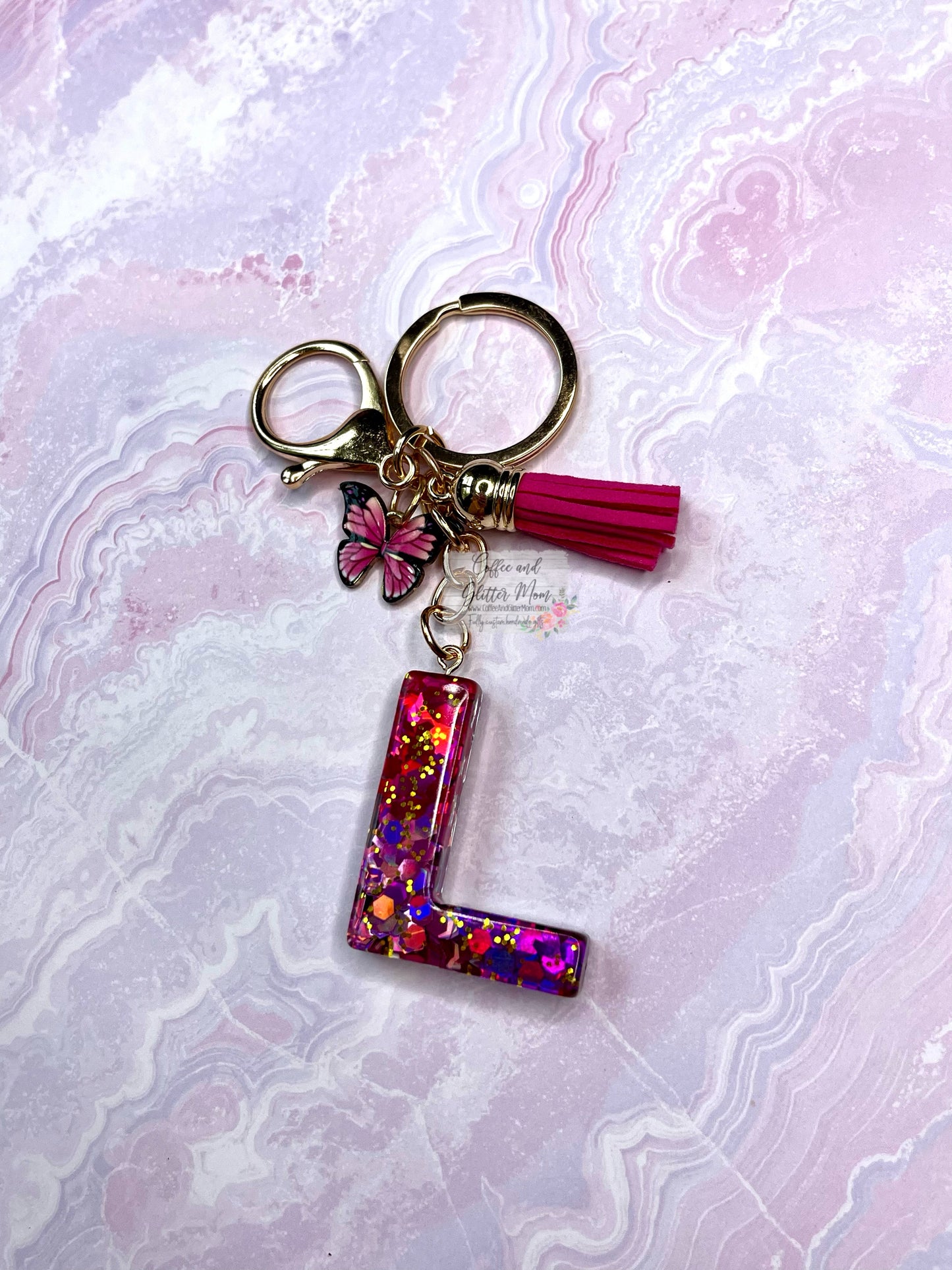 Sparkling "L" Pink Butterfly Keychain