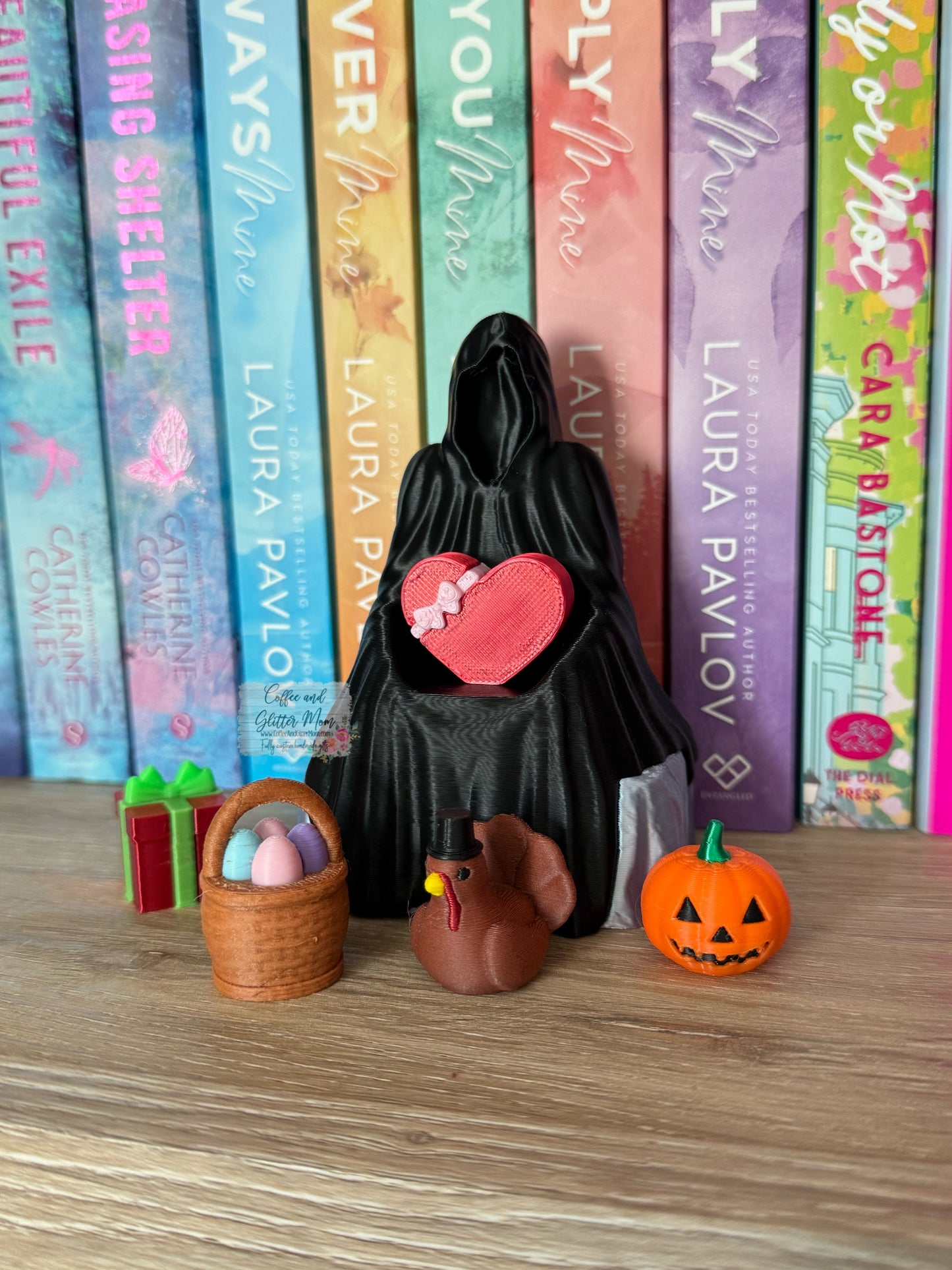 Festive Grim Bookshelf Decor