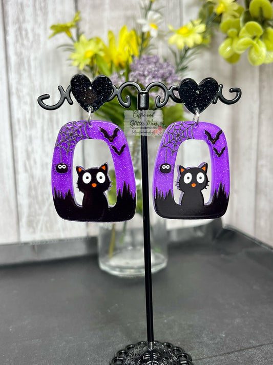 Black Cat Purple Halloween Earrings