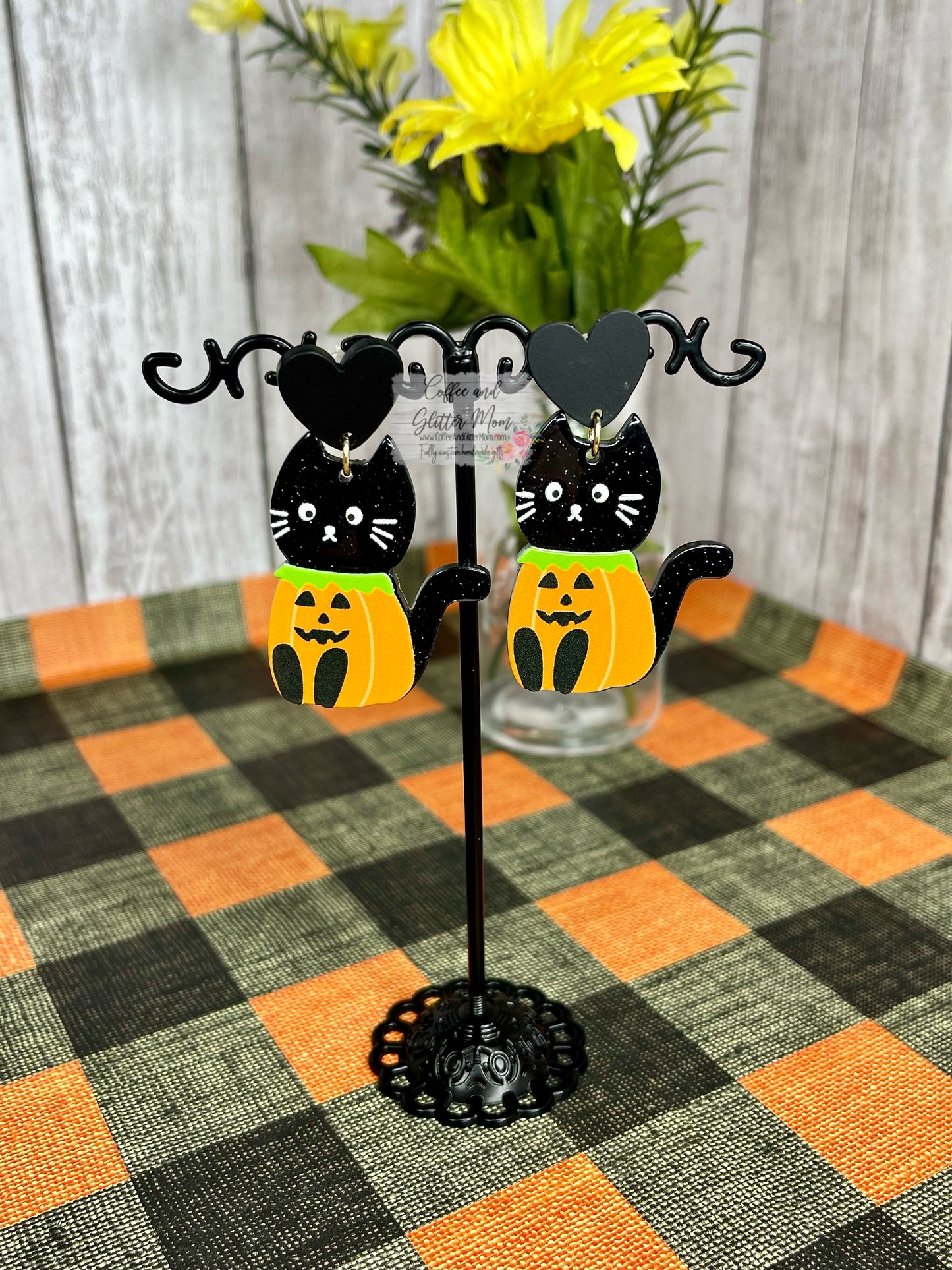 Sparkling Pumpkin Cat Acrylic Earrings