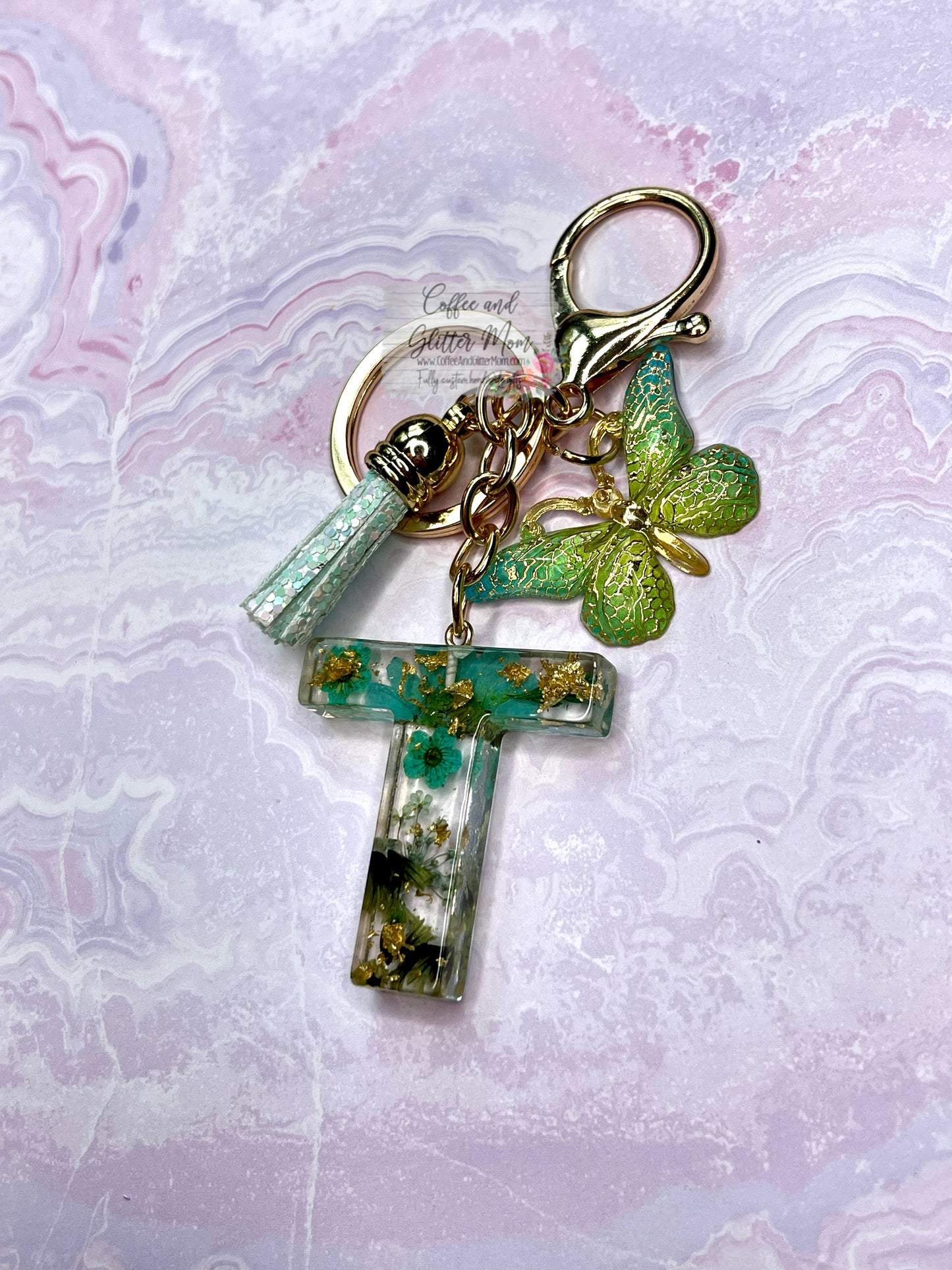 Sparkling "L" Green Butterfly Keychain