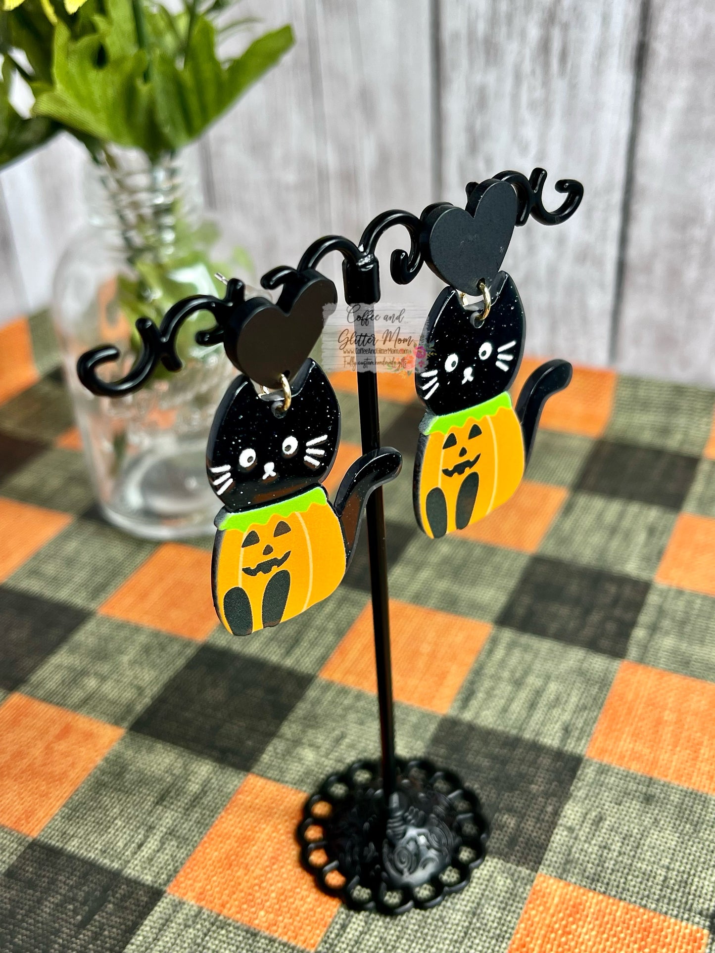 Sparkling Pumpkin Cat Acrylic Earrings