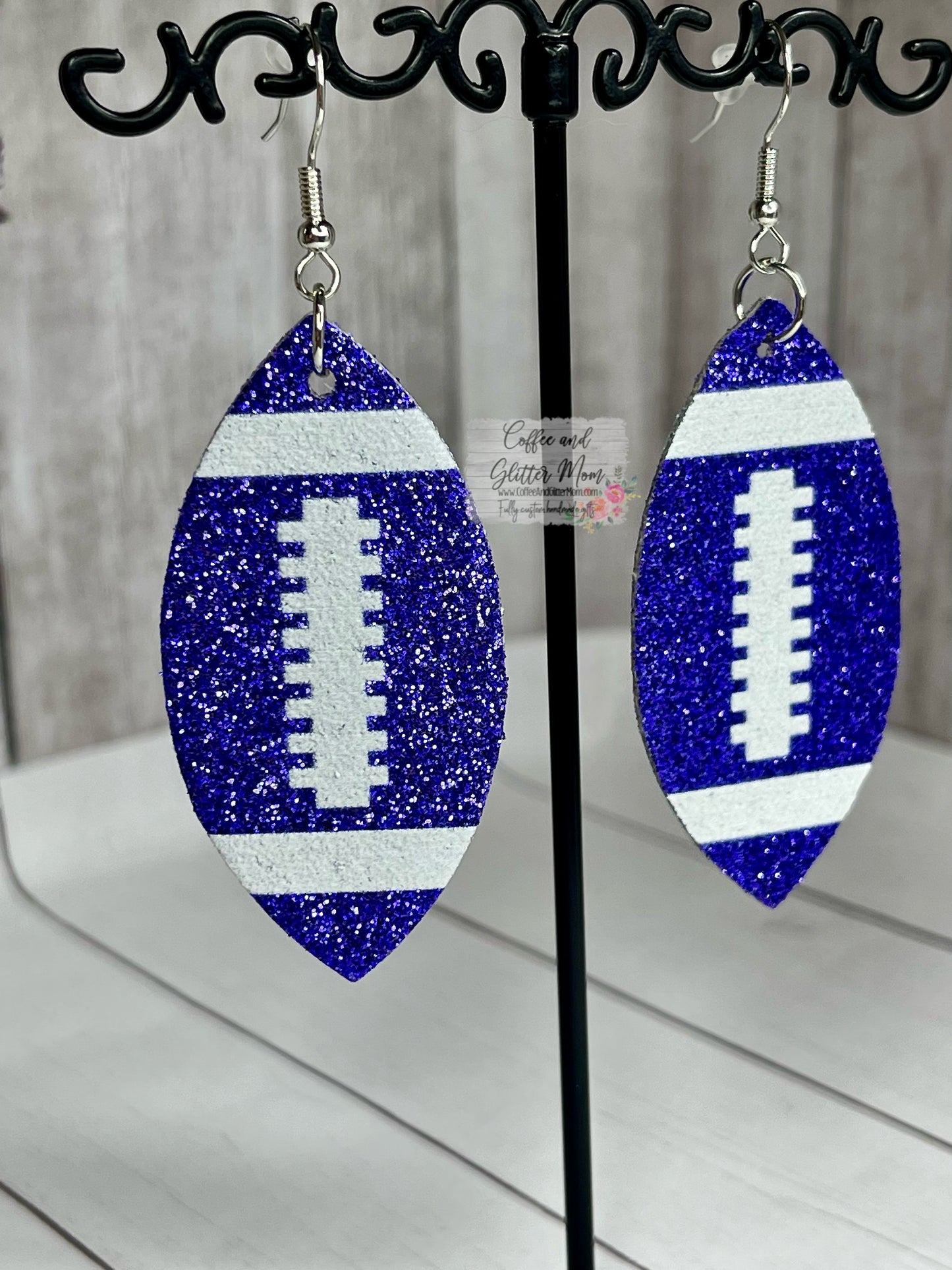 Blue Glitter Football Leather Earrings