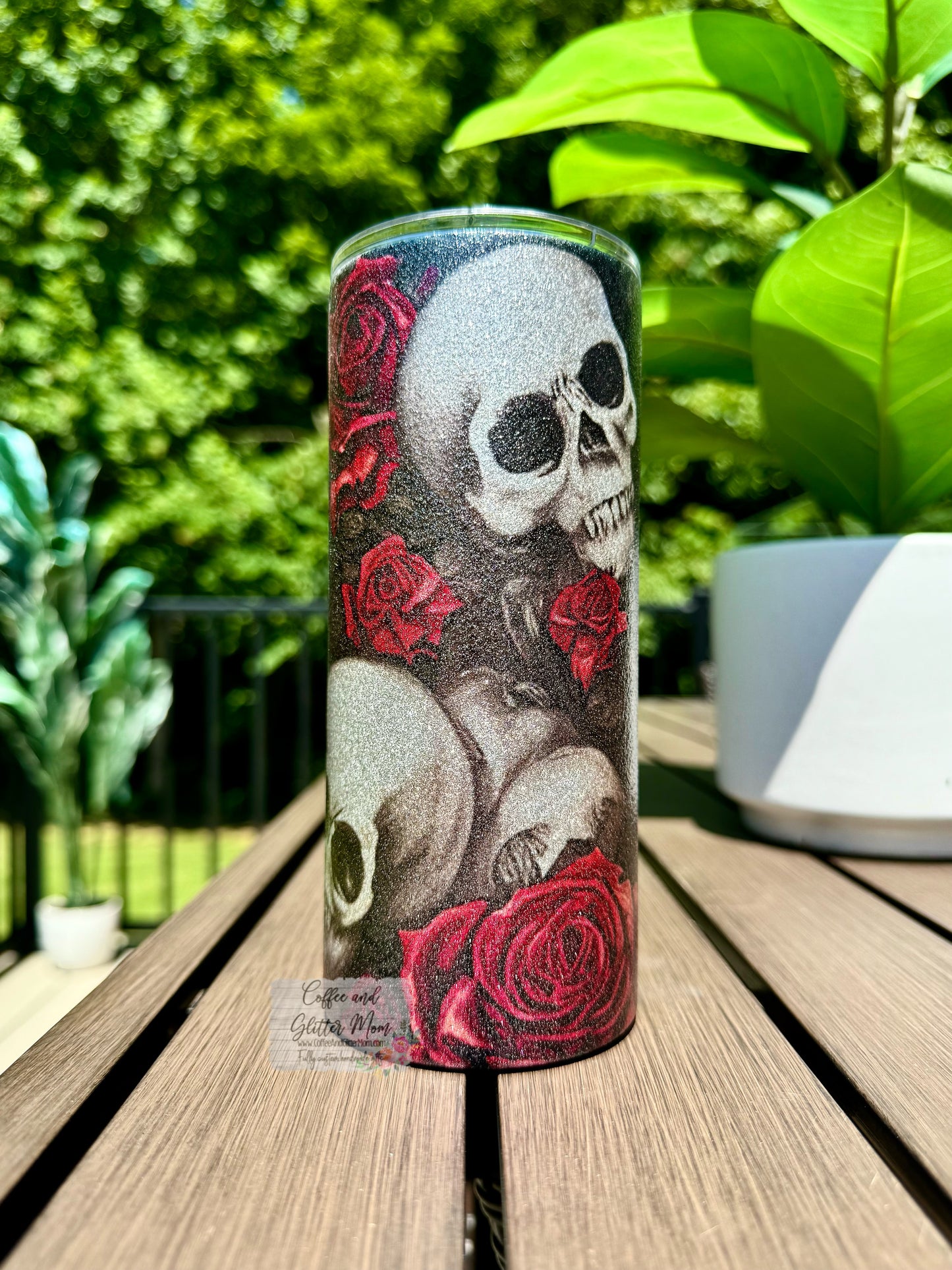 Skull and Rose 15oz Glitter Skinny Tumbler