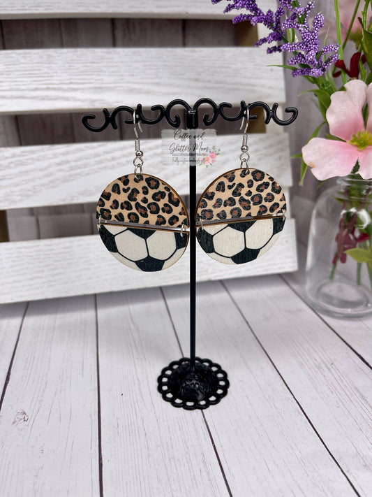 Wooden Leopard Soccer Earrings