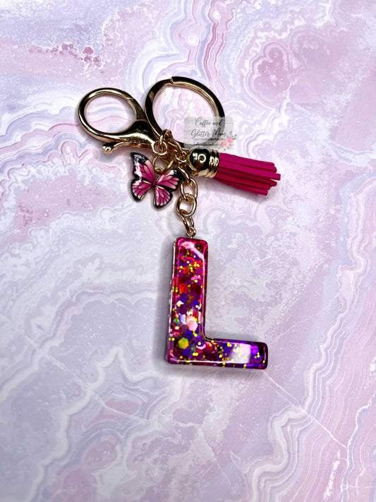 Sparkling "L" Pink Butterfly Keychain