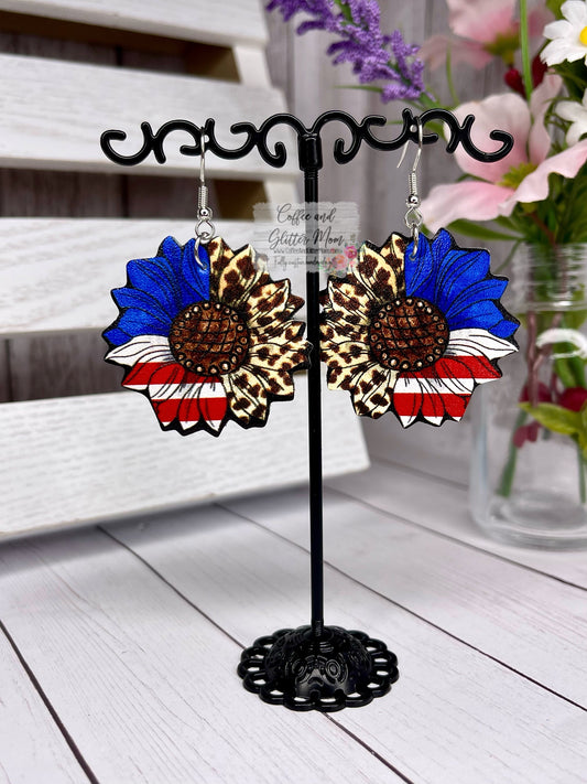 American Leopard Sunflower Leather Earrings