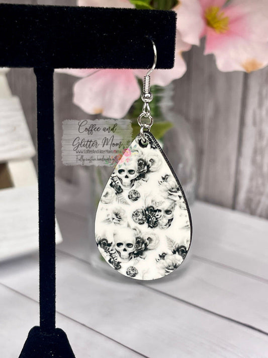 White Rose Skull Teardrop Earrings RTS