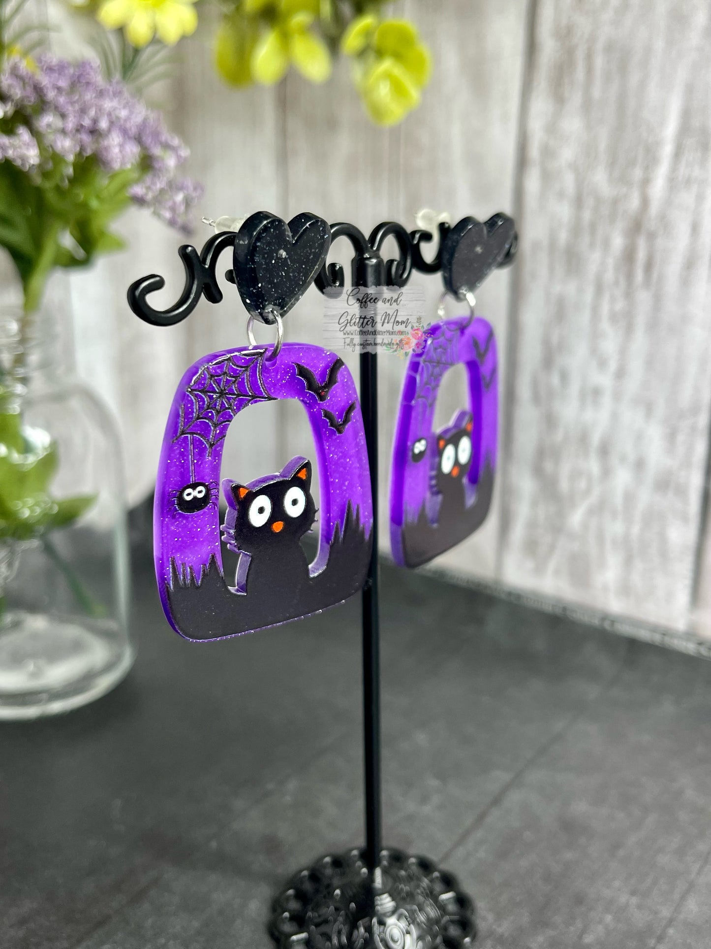 Black Cat Purple Halloween Earrings