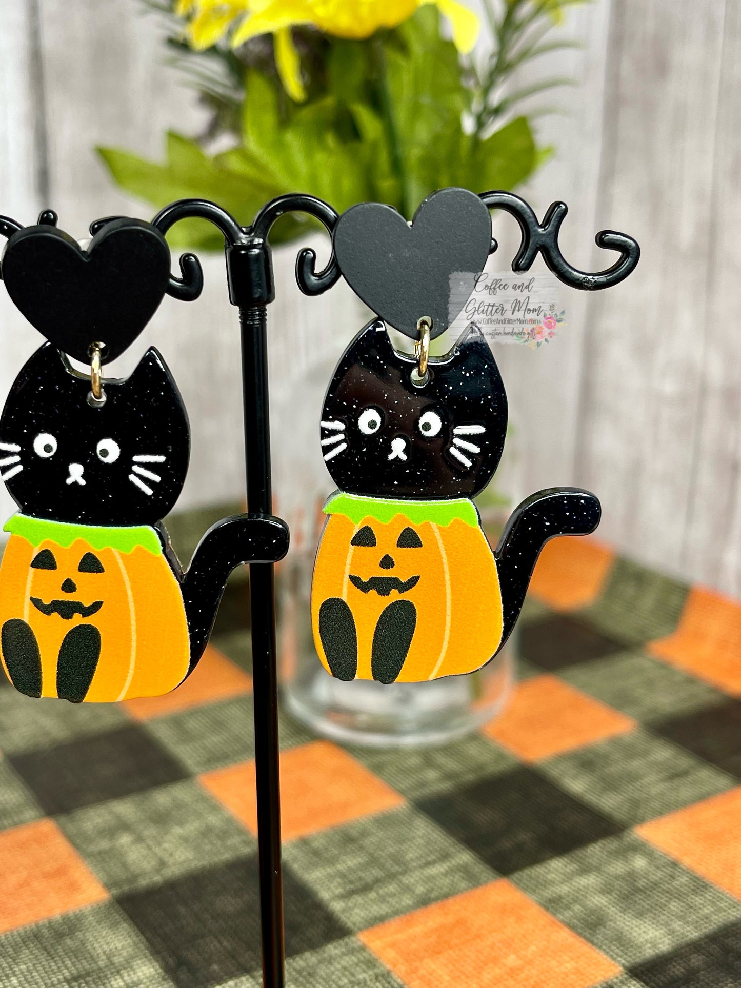 Sparkling Pumpkin Cat Acrylic Earrings