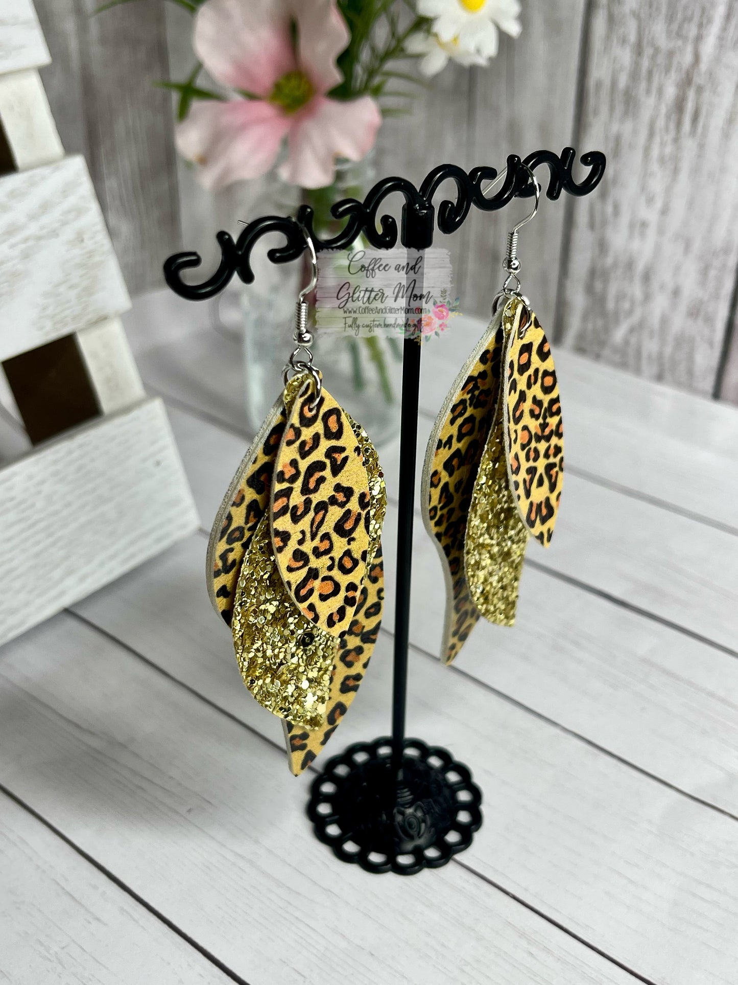 Gold Glitter Leopard Leather Earrings