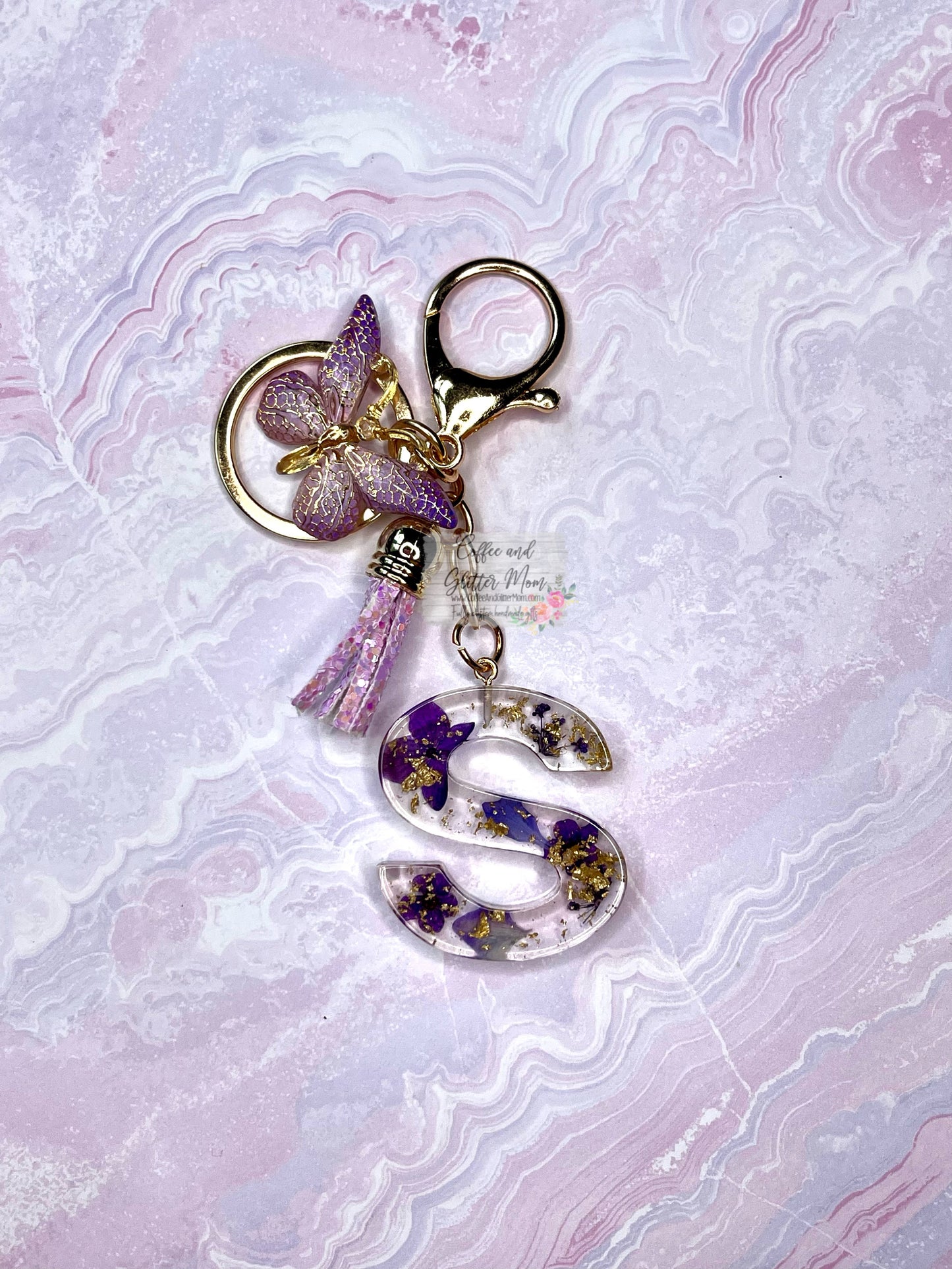 Sparkling "S" Purple Butterfly Keychain