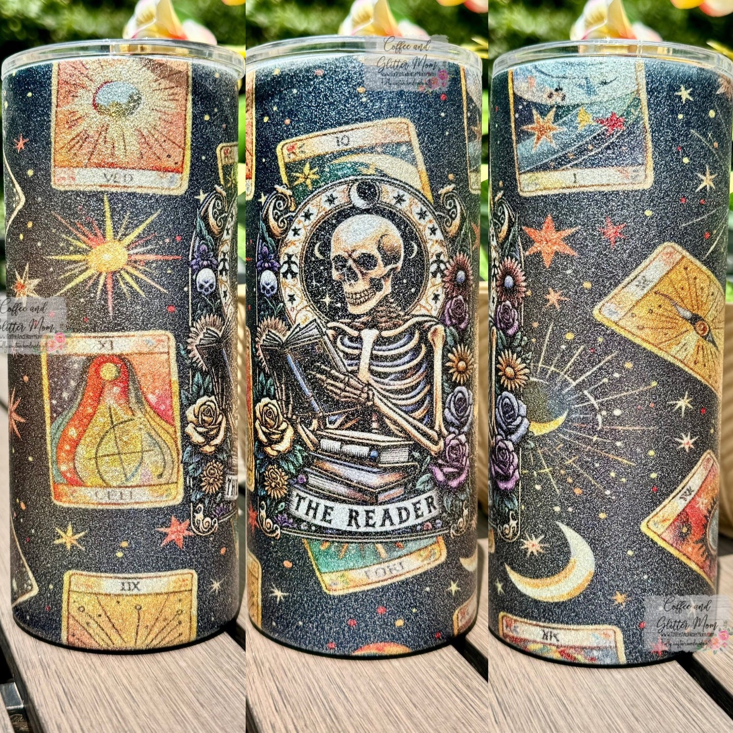 The Reader Tarot Card 15oz Silver Glitter Skinny Tumbler