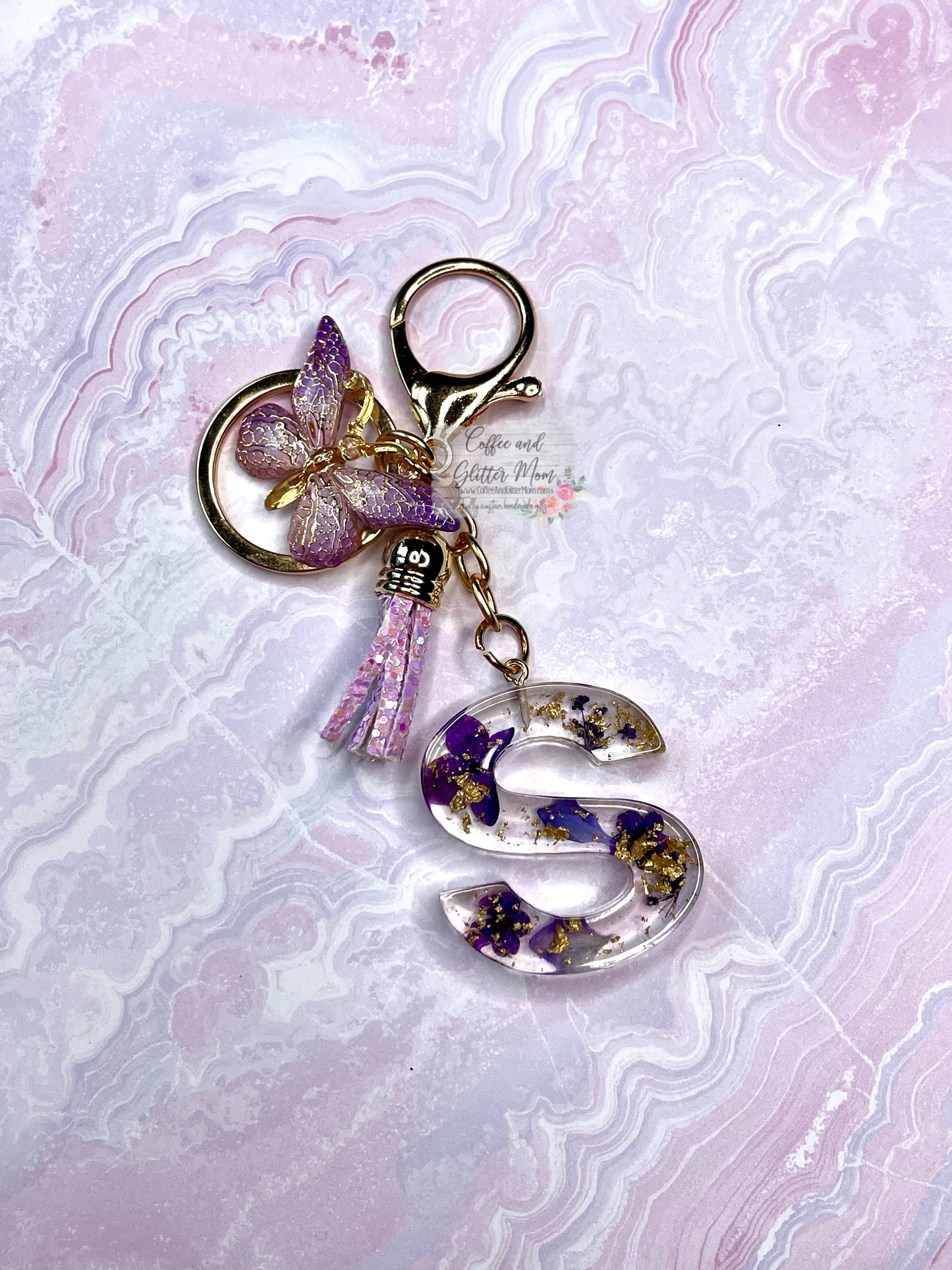 Sparkling "S" Purple Butterfly Keychain