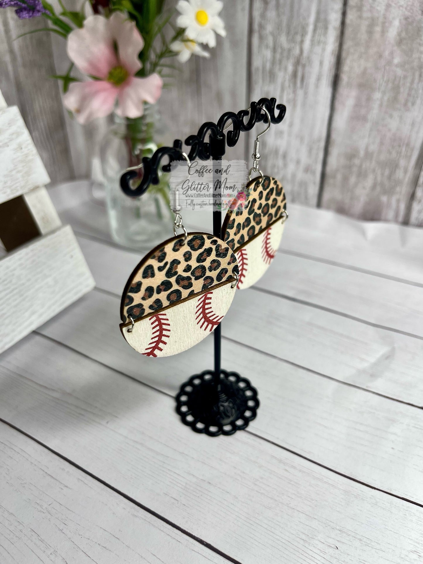 Wooden Leopard Baseball Earrings