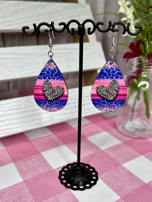 Purple Zebra Hearts Teardrop Earrings RTS