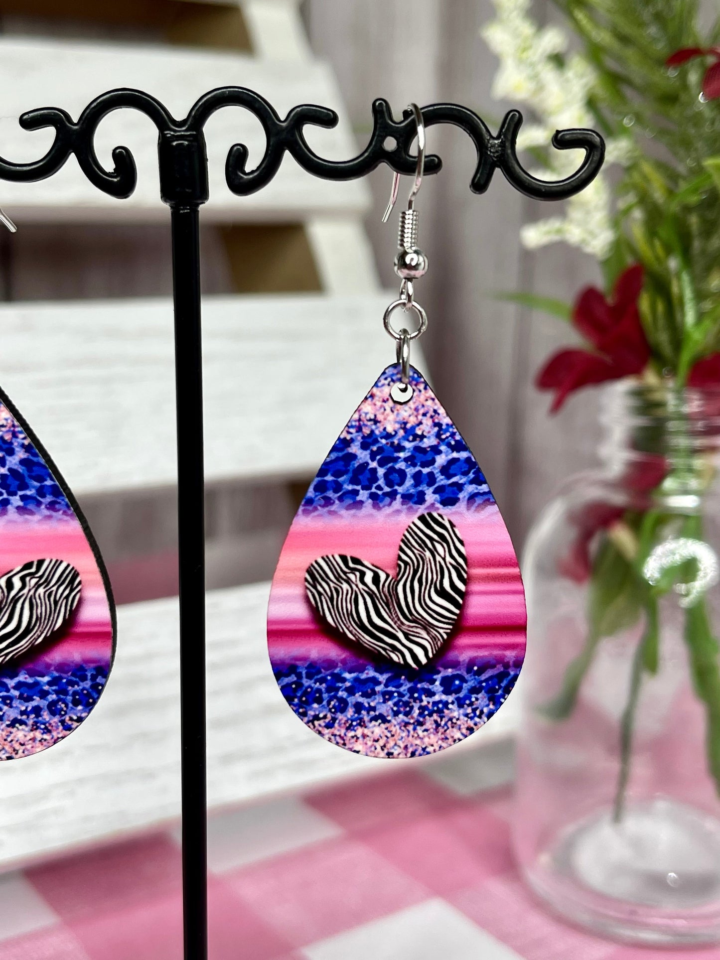 Purple Zebra Hearts Teardrop Earrings RTS