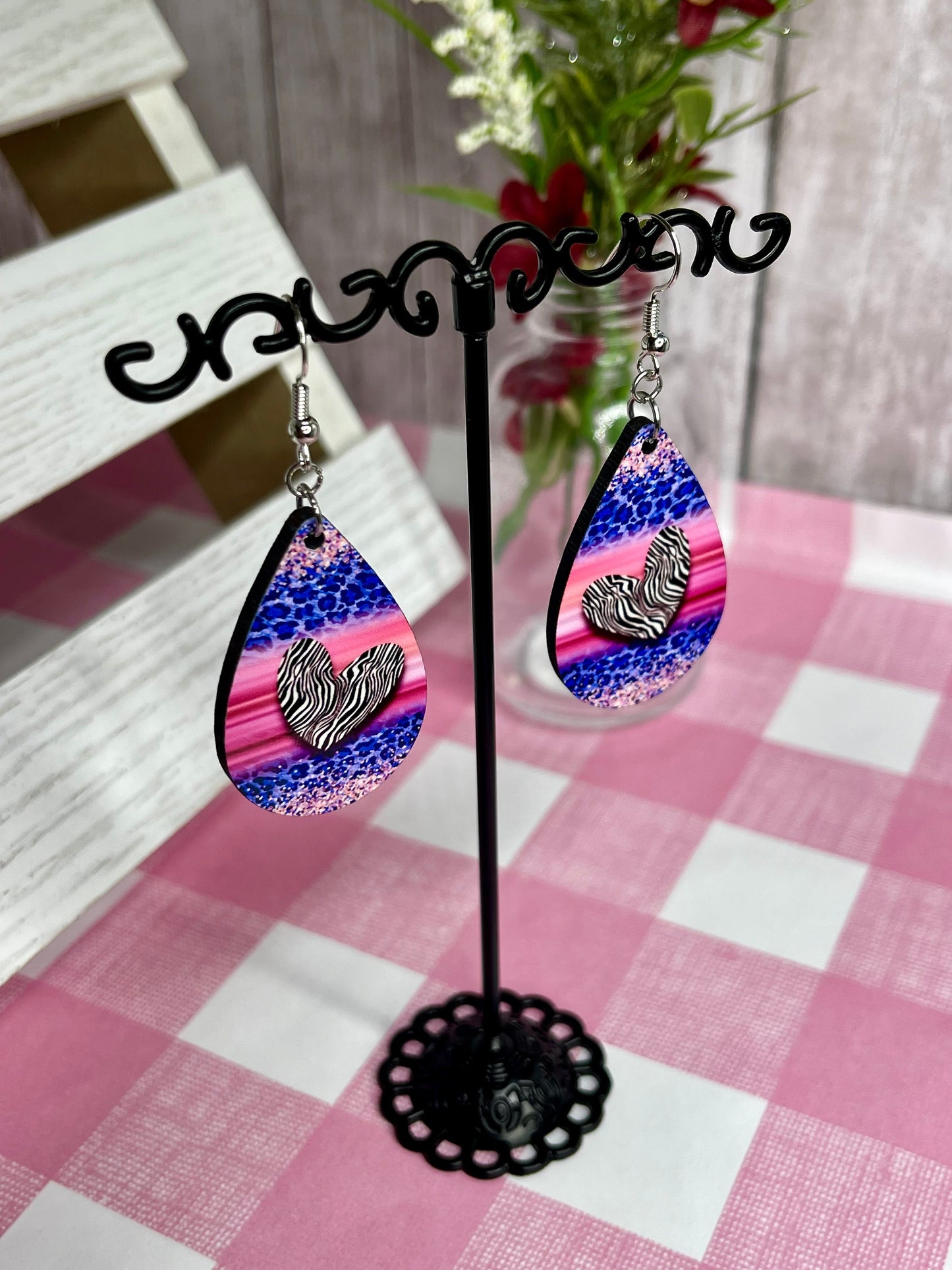 Purple Zebra Hearts Teardrop Earrings RTS