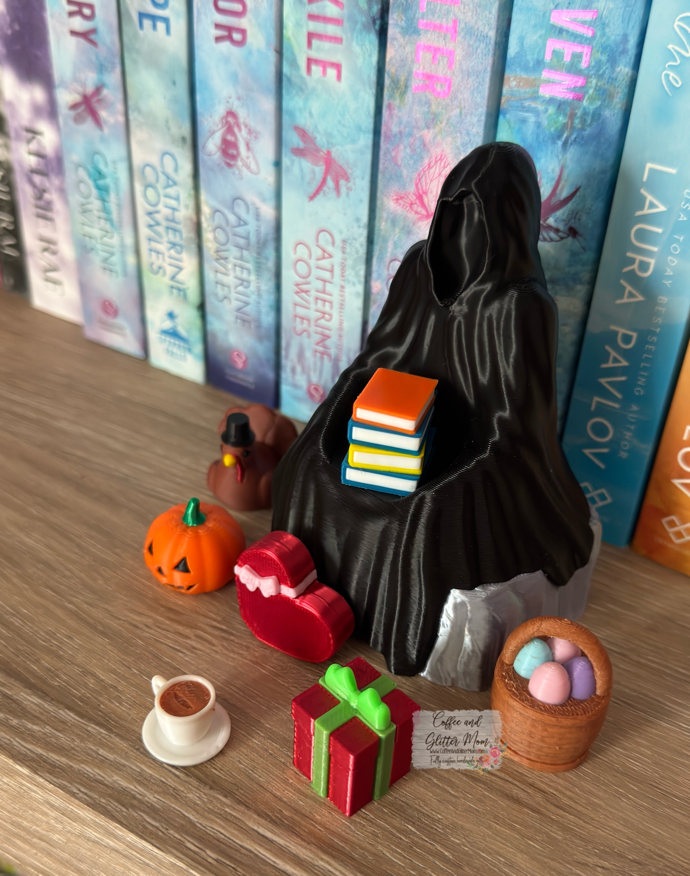 Festive Grim Bookshelf Decor