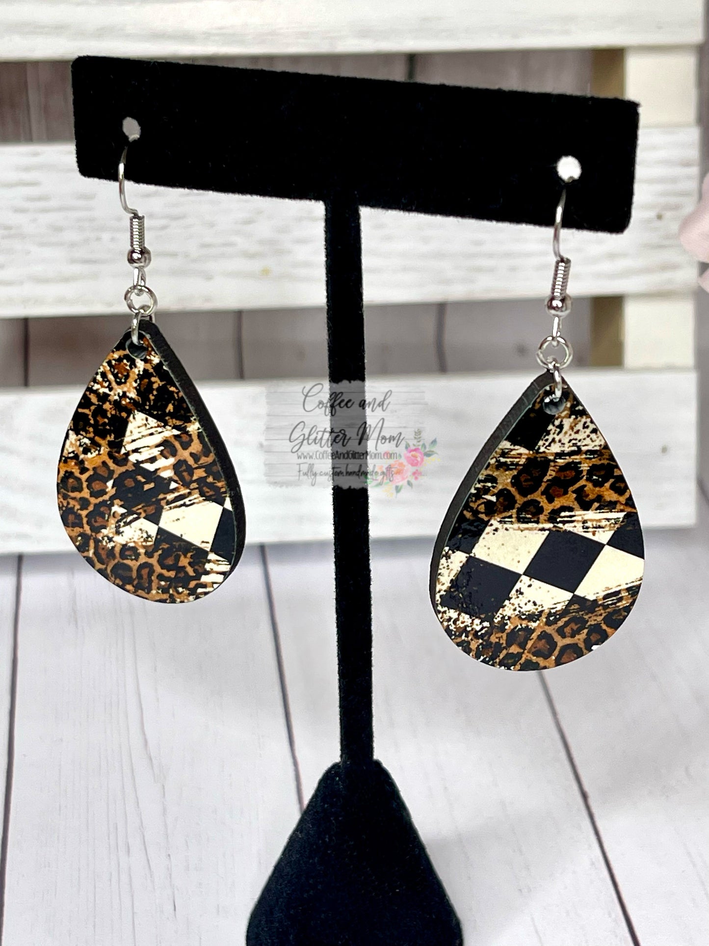 Checkered Flag Animal Print Teardrop Earrings RTS