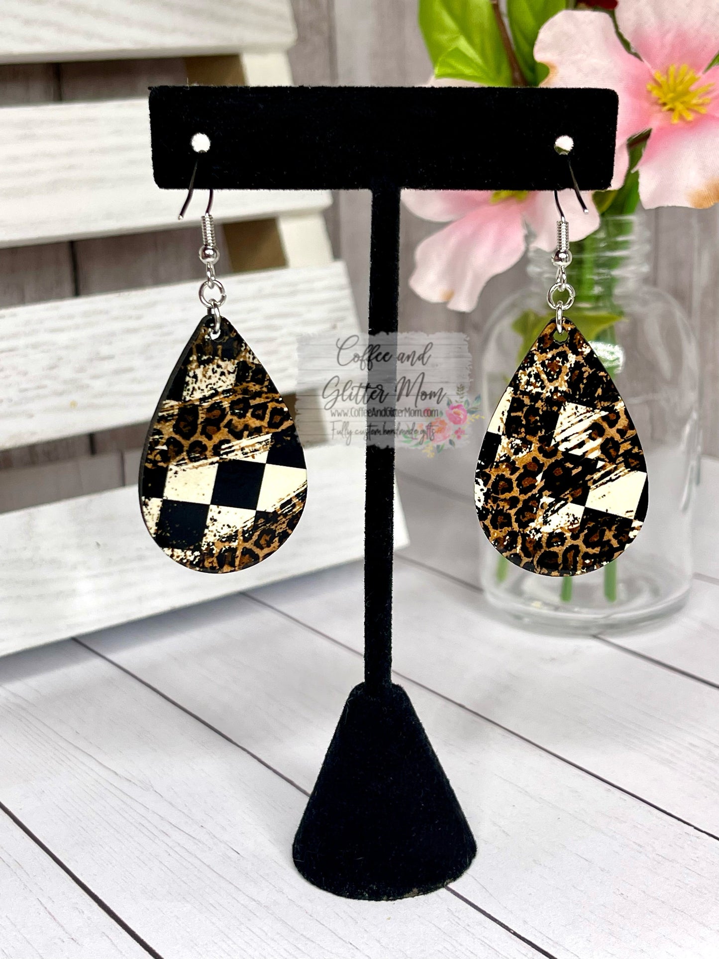 Checkered Flag Animal Print Teardrop Earrings RTS