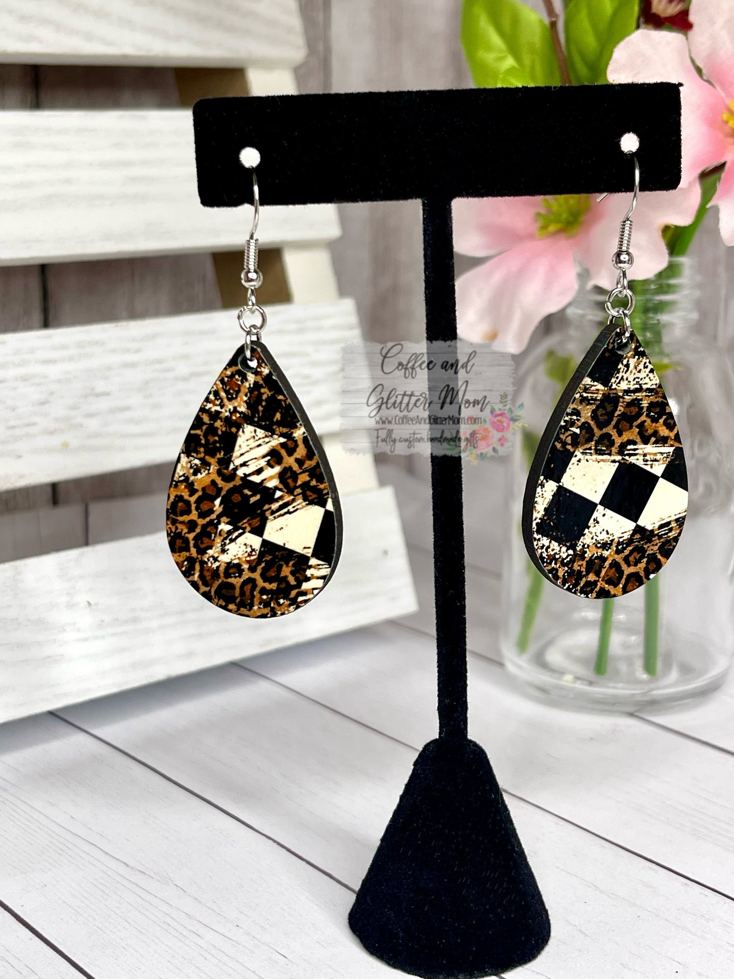 Checkered Flag Animal Print Teardrop Earrings RTS