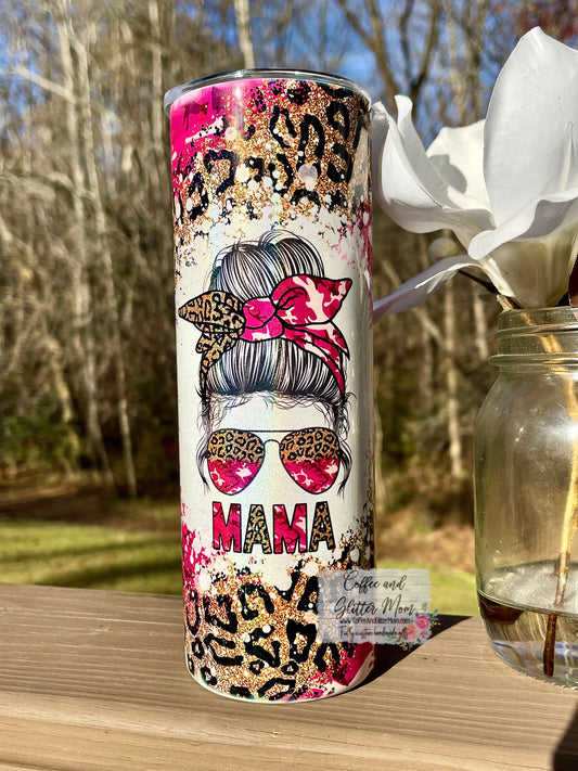 Camo Leopard Print Mama 20oz Holographic Pink/White Skinny Tumbler