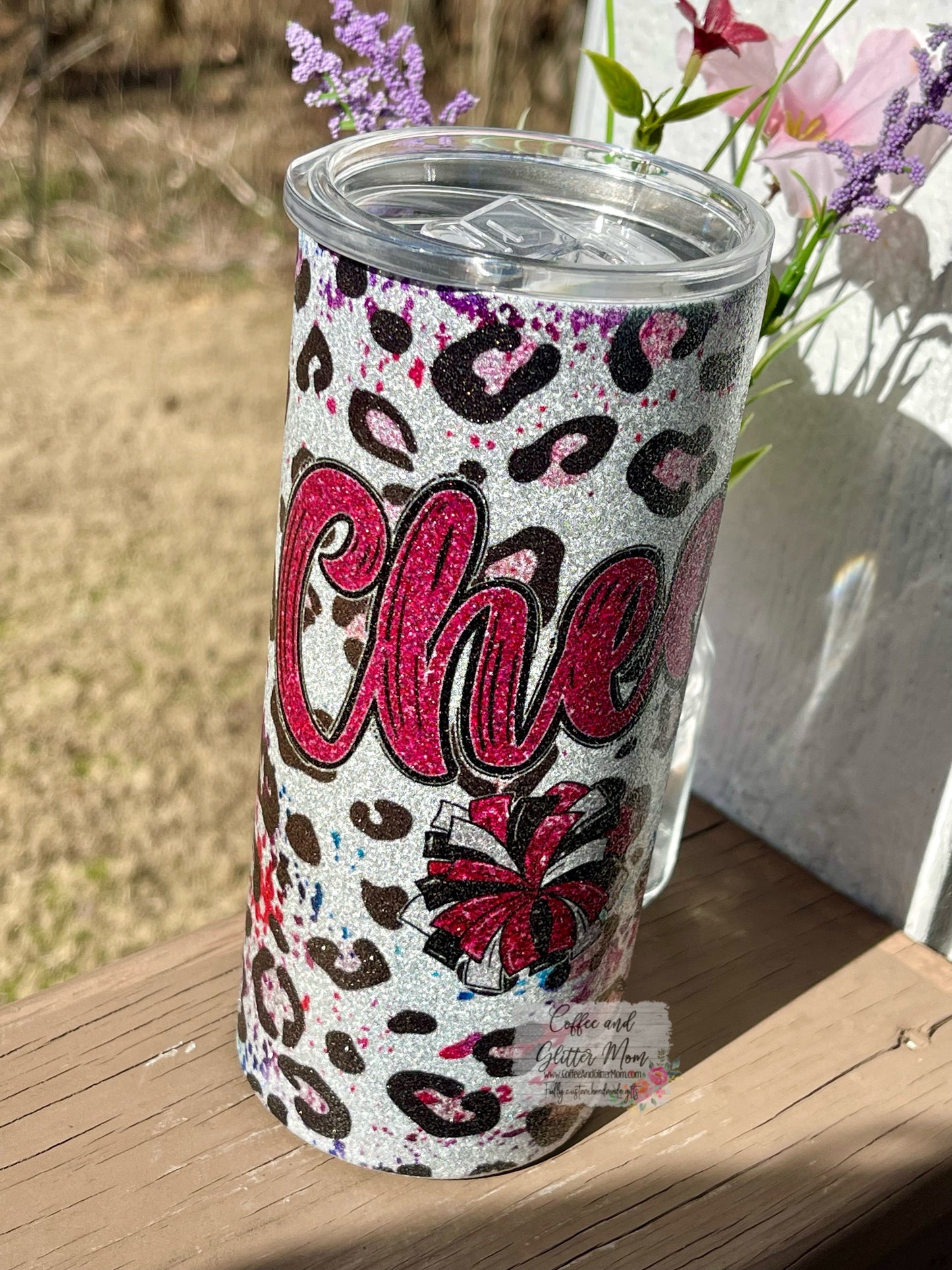 Animal Print Pink Cheer 15oz Silver Glitter Skinny Tumbler