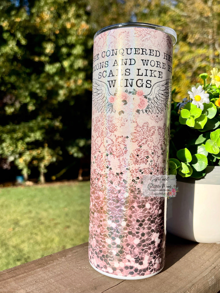 Wore Her Scars Like Wings 20oz Holographic Pink/White Skinny Tumbler