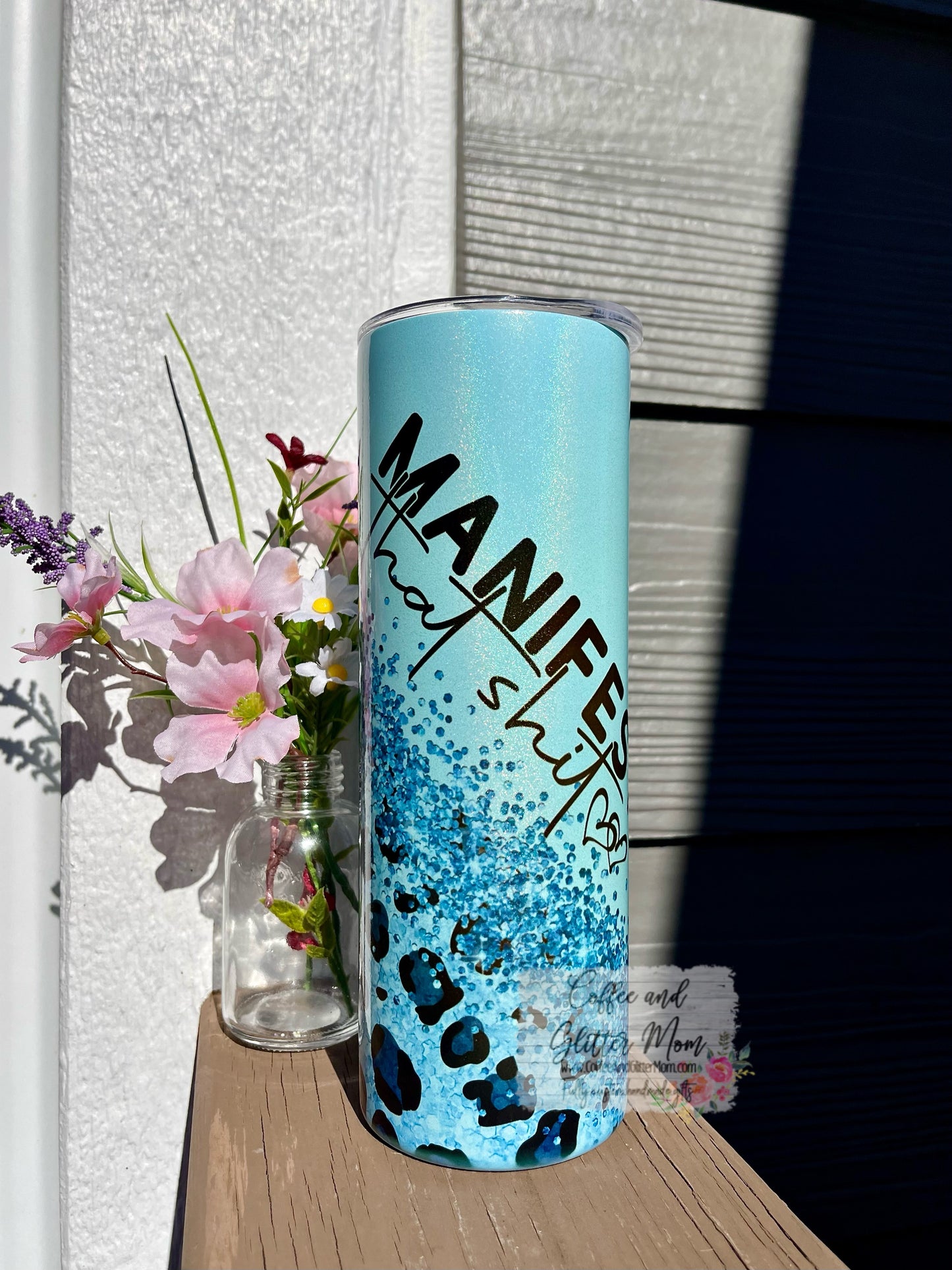 Manifest That Shit Animal Print 20oz Holographic Mint Blue Skinny Tumbler