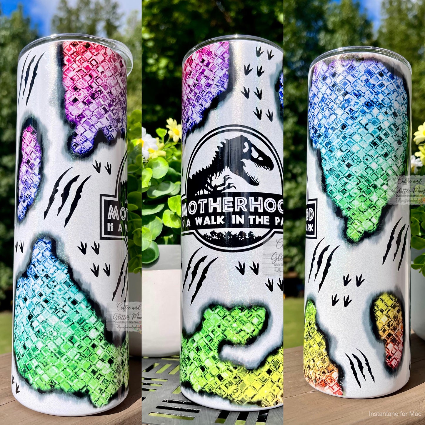 Motherhood is a Walk in the Park Dinosaur 20oz White Rainbow Skinny Tumbler